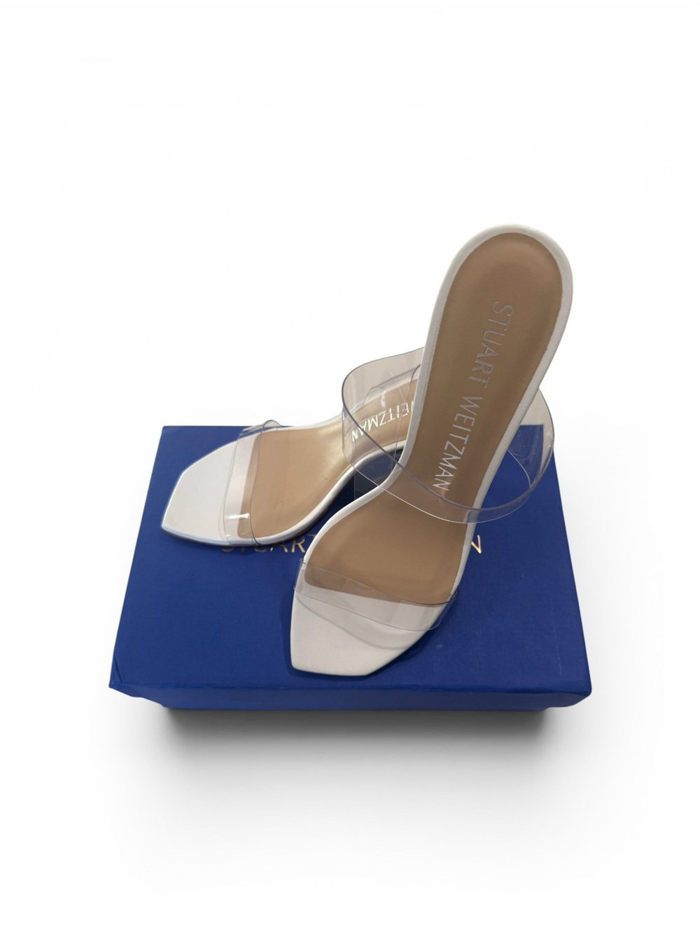 Stuart Weitzman Clear PVC Slide Heels with Beige Footbed